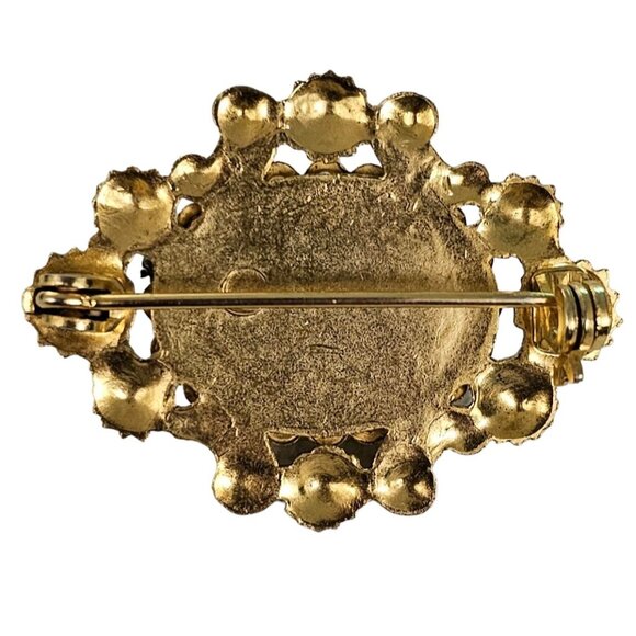 Gold Tone Mottled Blue Oval Glass Faux Pearl Oval Vintage Filigree Brooch L213 - Picture 6 of 9